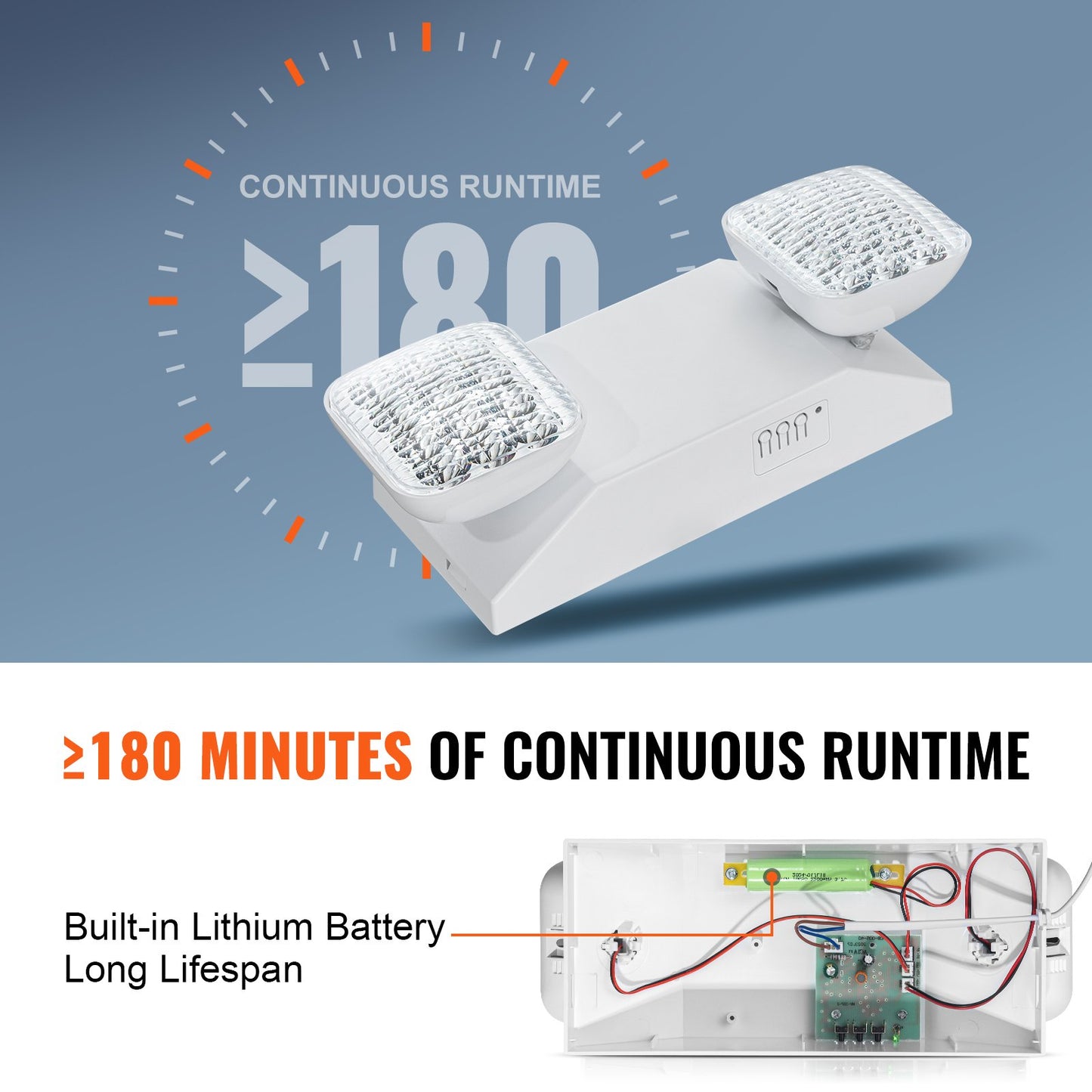 12-pack kommersiella nödbelysningar, 3W, vita LED-nödutgångsbelysningar med 180 minuters backupbatteri, justerbart fyrkantigt huvud med 2 LED-lampor, tak- eller väggmontering för strömavbrott i företag