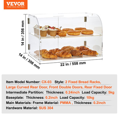 Pastry Display Case, 2-Tier Commercial Countertop Bakery Display Case, Acrylic Display Box with Rear Door Access & Removable Shelves, Keep Fresh for Donut Bagels Cake Cookie, 56 x 36 x 36 cm