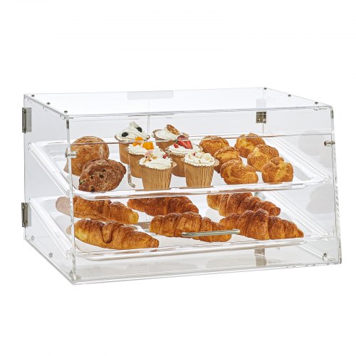 Pastry Display Case, 2-Tier Commercial Countertop Bakery Display Case, Acrylic Display Box with Rear Door Access & Removable Shelves, Keep Fresh for Donut Bagels Cake Cookie, 52.6 x 33.5 x 30.2 cm