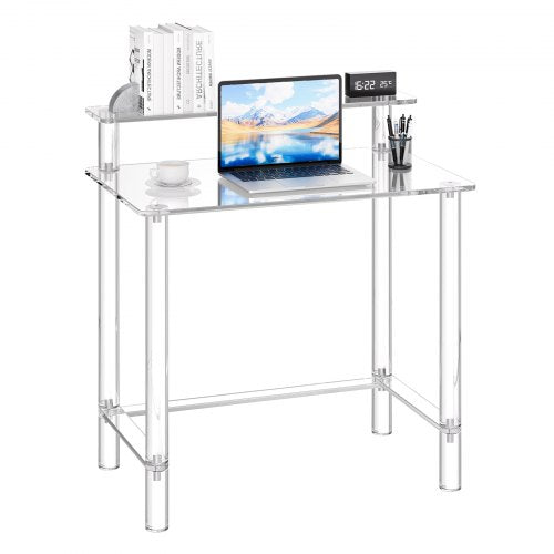 Acrylic Table, 2 Tiers Clear Office Desk with Monitor Stand, Acrylic Study Computer Desk, Modern Side End Table Nightstand for Bedroom, Office, Study, Cloakroom, 50 x 80 x 88 cm (Clear)