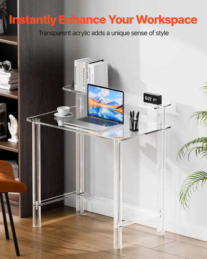 Acrylic Table, 2 Tiers Clear Office Desk with Monitor Stand, Acrylic Study Computer Desk, Modern Side End Table Nightstand for Bedroom, Office, Study, Cloakroom, 50 x 80 x 88 cm (Clear)