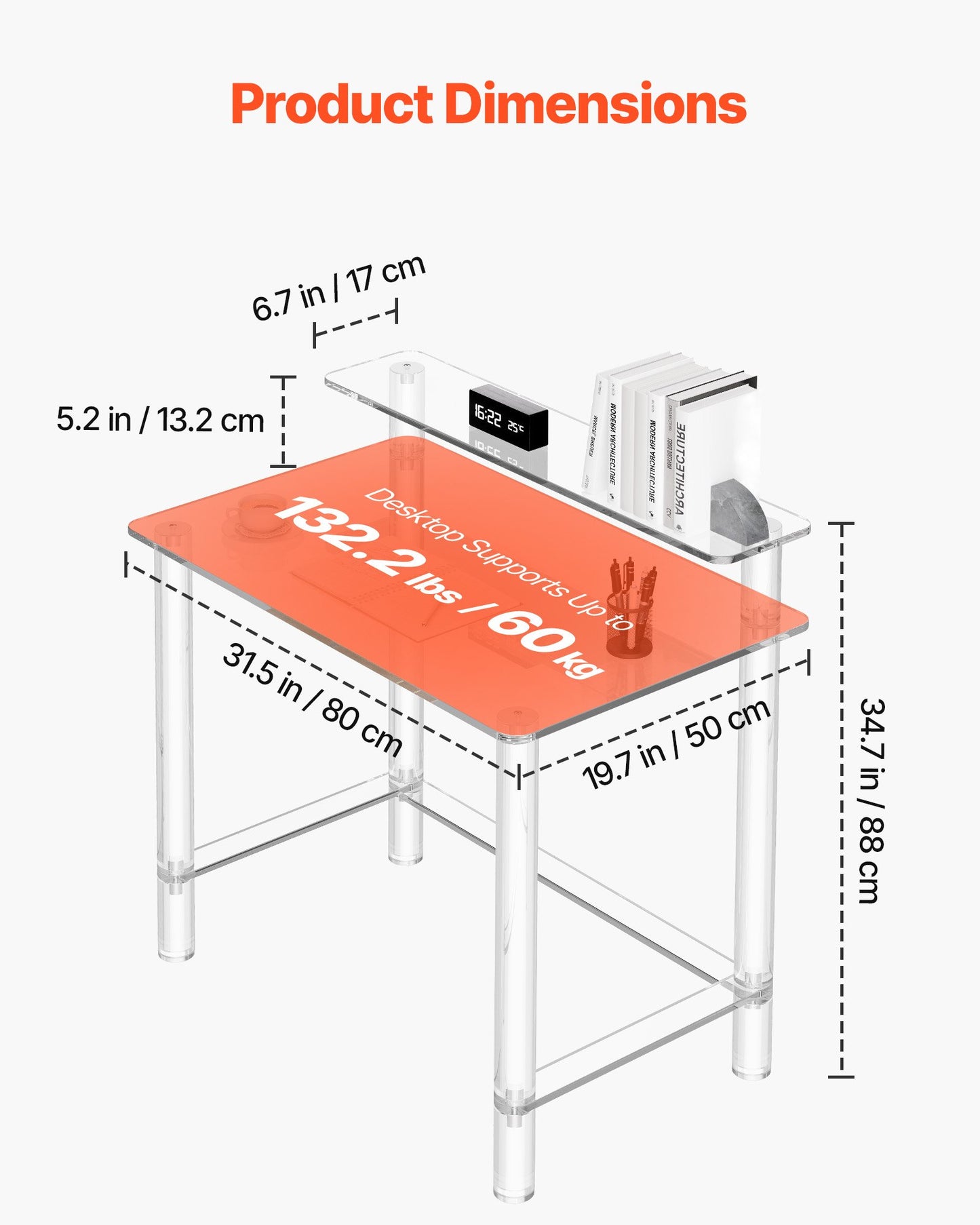 Acrylic Table, 2 Tiers Clear Office Desk with Monitor Stand, Acrylic Study Computer Desk, Modern Side End Table Nightstand for Bedroom, Office, Study, Cloakroom, 50 x 80 x 88 cm (Clear)