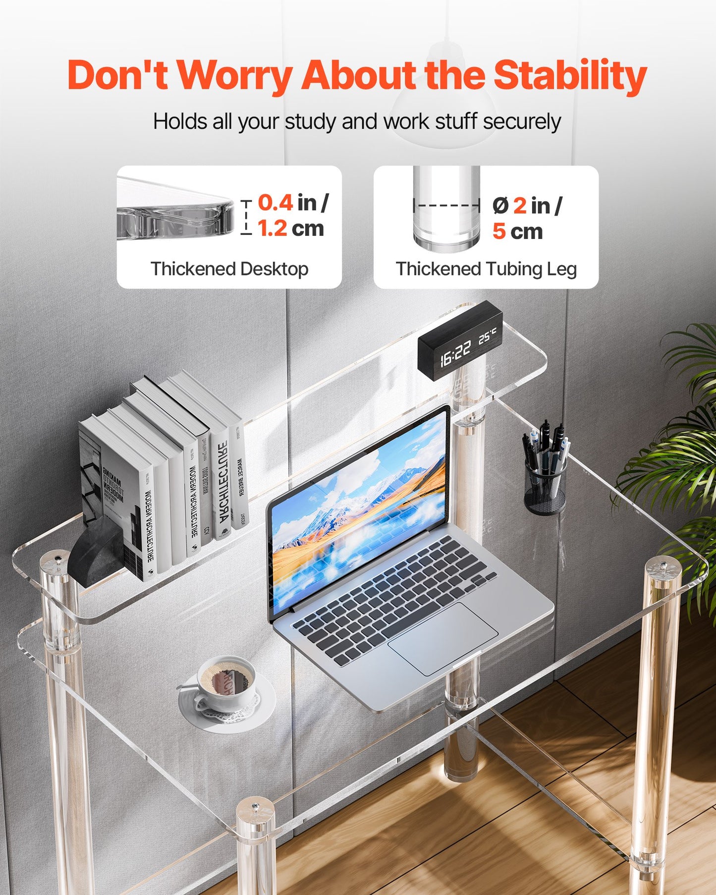 Acrylic Table, 2 Tiers Clear Office Desk with Monitor Stand, Acrylic Study Computer Desk, Modern Side End Table Nightstand for Bedroom, Office, Study, Cloakroom, 50 x 80 x 88 cm (Clear)