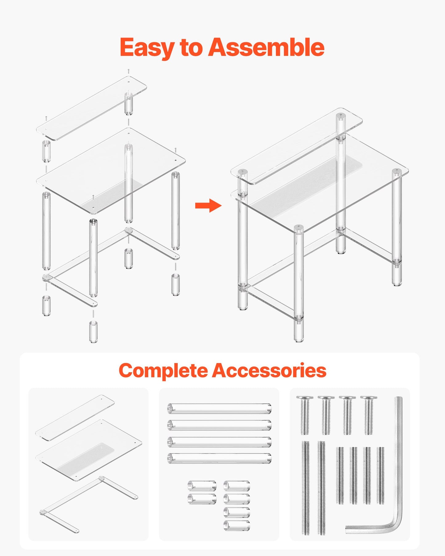 Acrylic Table, 2 Tiers Clear Office Desk with Monitor Stand, Acrylic Study Computer Desk, Modern Side End Table Nightstand for Bedroom, Office, Study, Cloakroom, 50 x 80 x 88 cm (Clear)