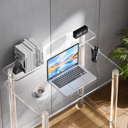 Acrylic Table, 2 Tiers Clear Office Desk with Monitor Stand, Acrylic Study Computer Desk, Modern Side End Table Nightstand for Bedroom, Office, Study, Cloakroom, 50 x 80 x 88 cm (Clear)