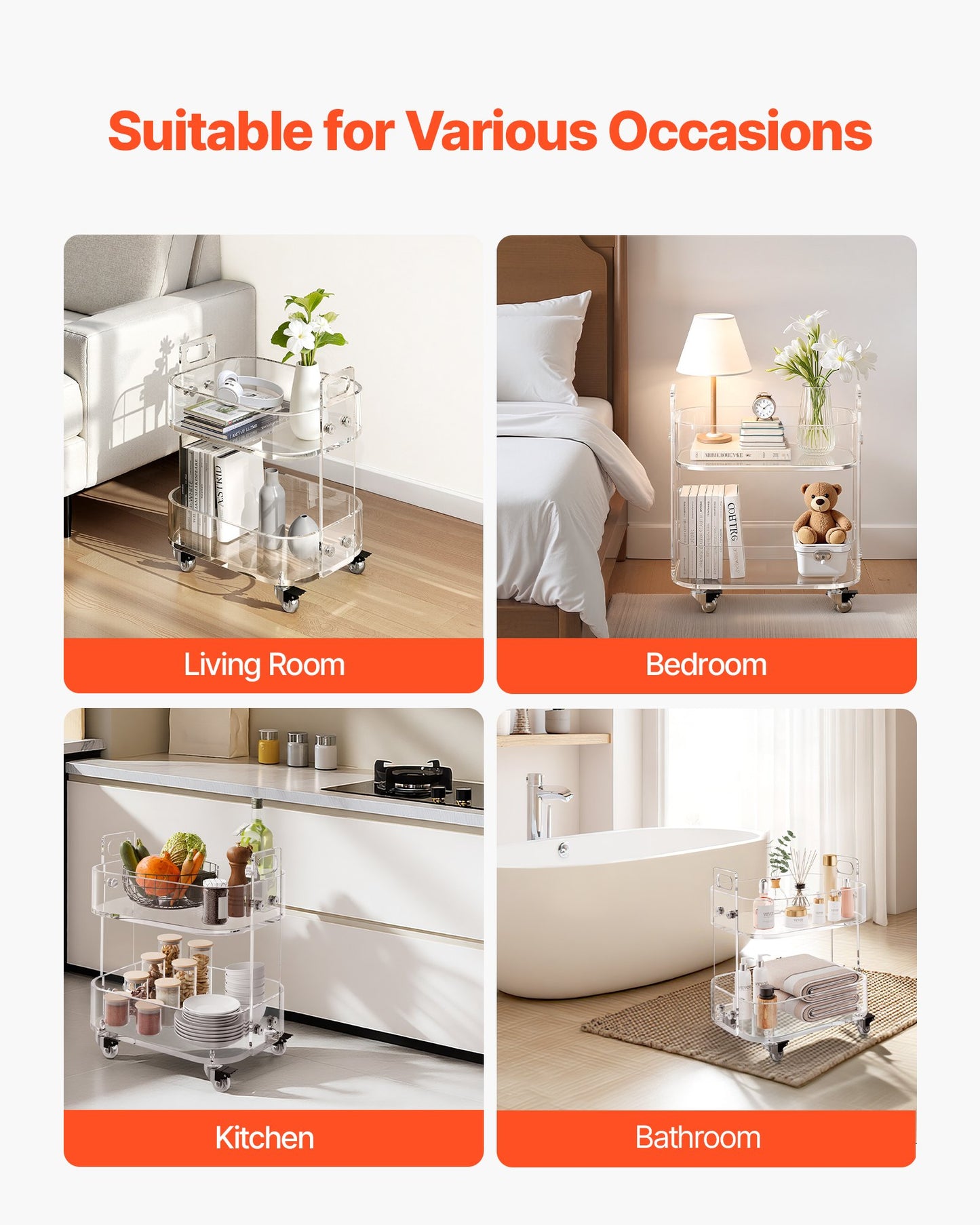 Acrylic Table with Wheels, 2 Tiers Mobile Cart Table, Modern Rolling Acrylic Storage Desk, Clear Nightstand Side End Desk, for Living Room, Bedroom, Bar, Office, 30.5 x 41.6 x 48 cm (Clear)