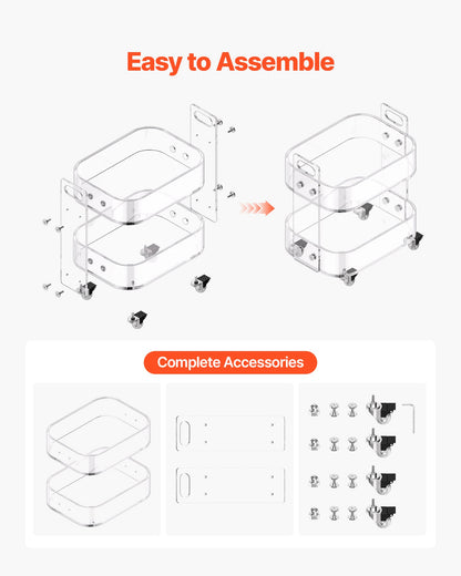 Acrylic Table with Wheels, 2 Tiers Mobile Cart Table, Modern Rolling Acrylic Storage Desk, Clear Nightstand Side End Desk, for Living Room, Bedroom, Bar, Office, 30.5 x 41.6 x 48 cm (Clear)