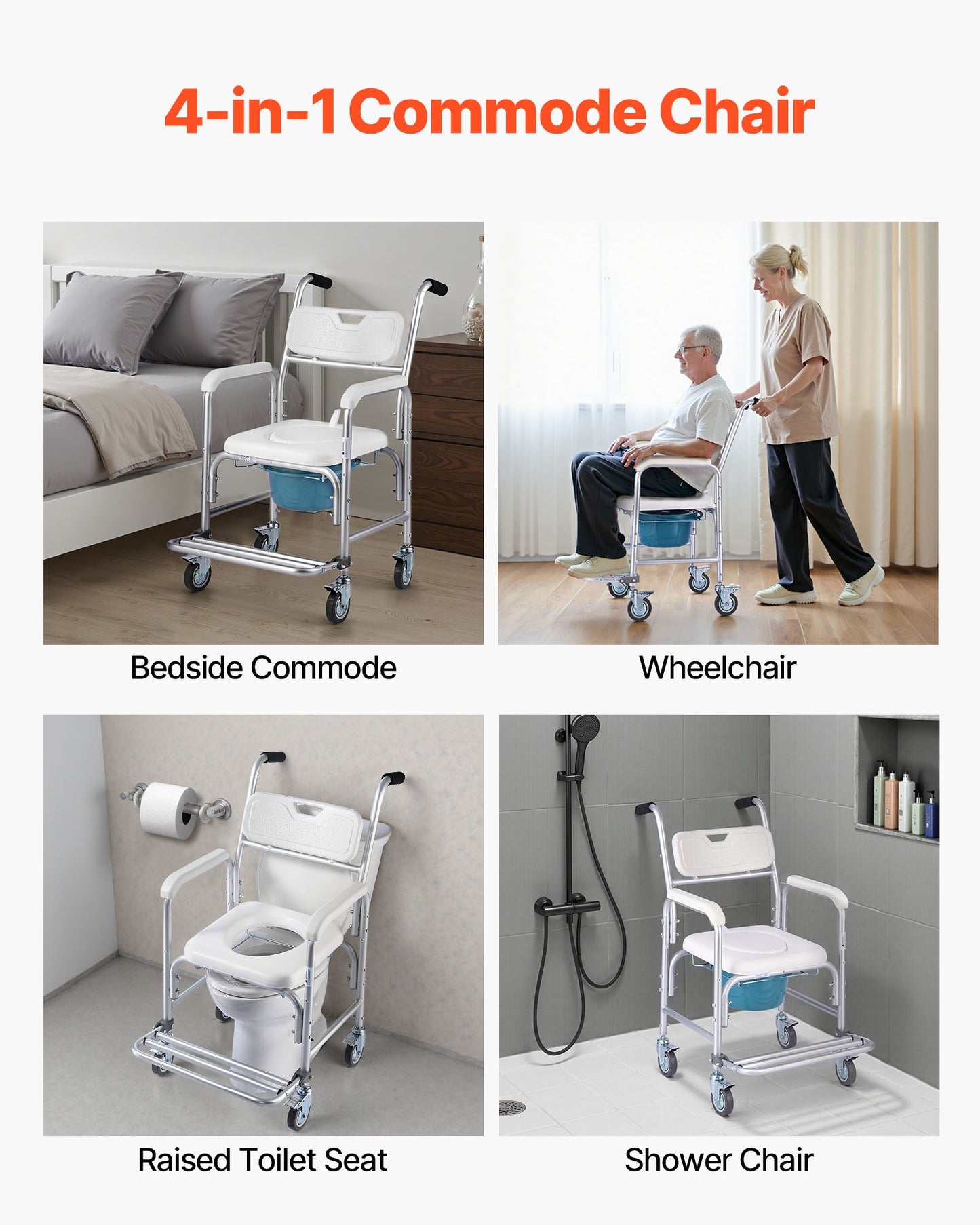 Bedside Commode Chair with Wheels, 159 kg Capacity, 4-in-1 Portable Toilet and Raised Toilet Seat with Padded Seat/Backrest/Flip-up Footrest, Detachable 5L Bucket, Shower Wheelchair for Seniors