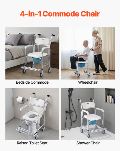 Bedside Commode Chair with Wheels, 159 kg Capacity, 4-in-1 Portable Toilet and Raised Toilet Seat with Padded Seat/Backrest/Flip-up Footrest, Detachable 5L Bucket, Shower Wheelchair for Seniors