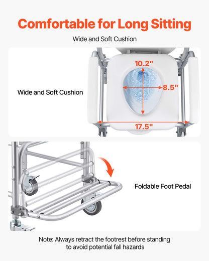 Bedside Commode Chair with Wheels, 159 kg Capacity, 4-in-1 Portable Toilet and Raised Toilet Seat with Padded Seat/Backrest/Flip-up Footrest, Detachable 5L Bucket, Shower Wheelchair for Seniors