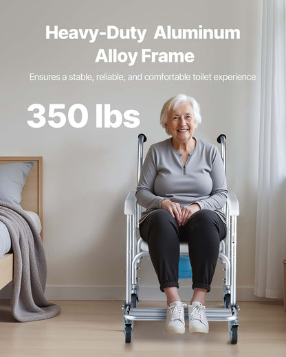 Bedside Commode Chair with Wheels, 159 kg Capacity, 4-in-1 Portable Toilet and Raised Toilet Seat with Padded Seat/Backrest/Flip-up Footrest, Detachable 5L Bucket, Shower Wheelchair for Seniors