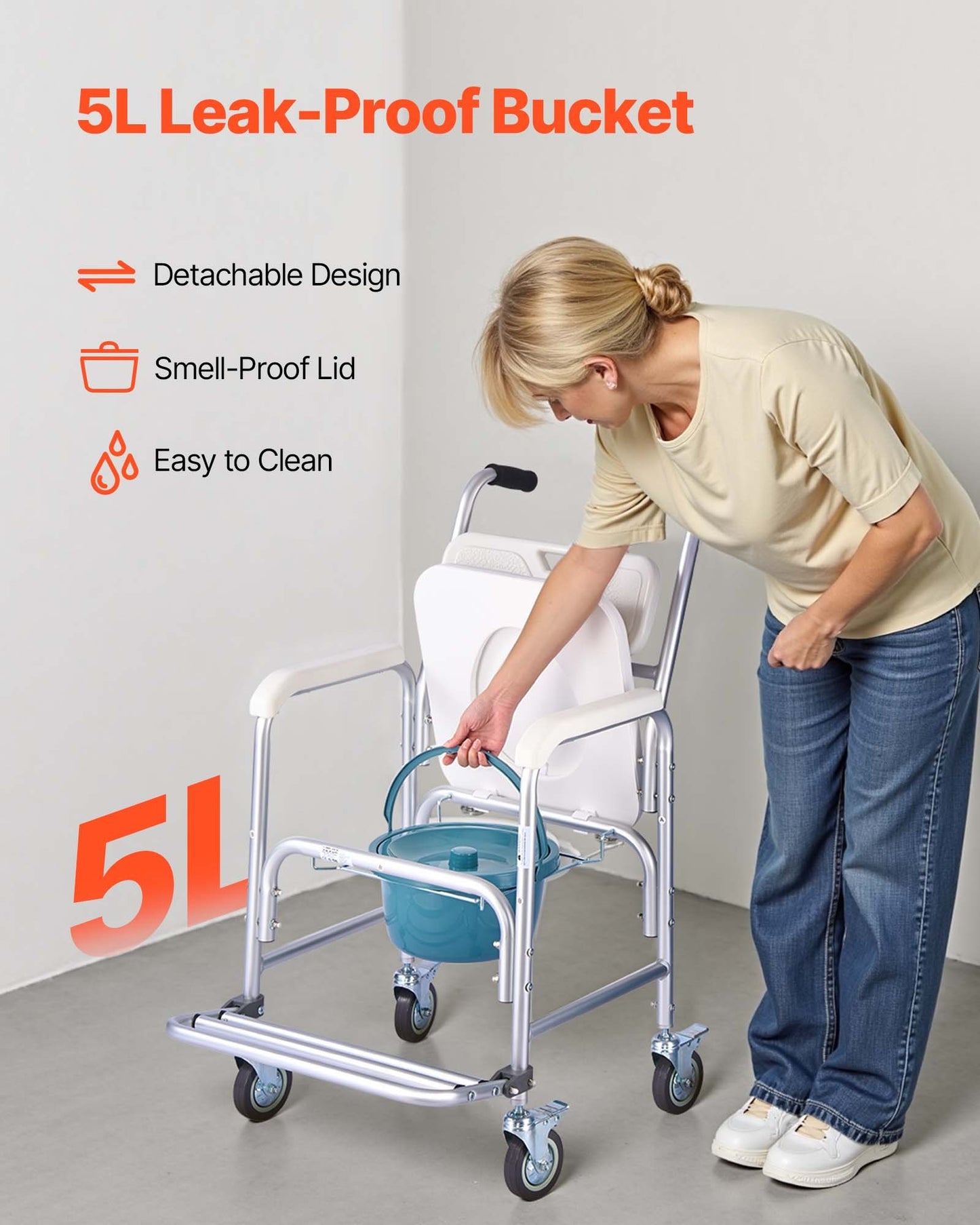 Bedside Commode Chair with Wheels, 159 kg Capacity, 4-in-1 Portable Toilet and Raised Toilet Seat with Padded Seat/Backrest/Flip-up Footrest, Detachable 5L Bucket, Shower Wheelchair for Seniors