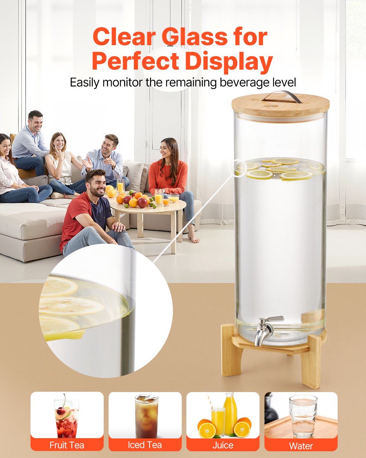 Beverage Dispenser, 13L Drink Dispensers for Parties, Glass Juice Dispenser with Wood Stand, Stainless Steel Spigot, Iced Tea Lemonade Juice Water Dispensers for Parties