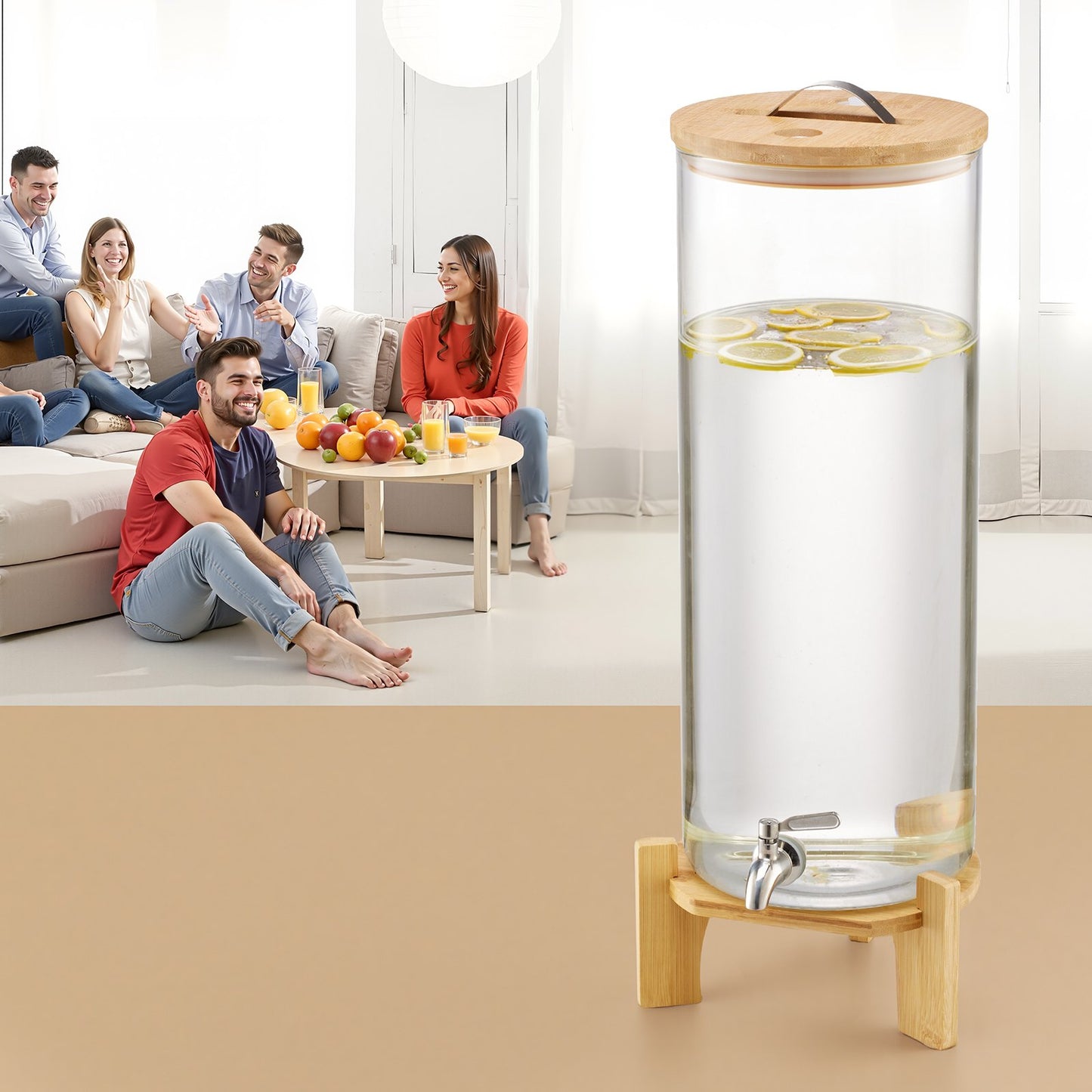 Beverage Dispenser, 13L Drink Dispensers for Parties, Glass Juice Dispenser with Wood Stand, Stainless Steel Spigot, Iced Tea Lemonade Juice Water Dispensers for Parties