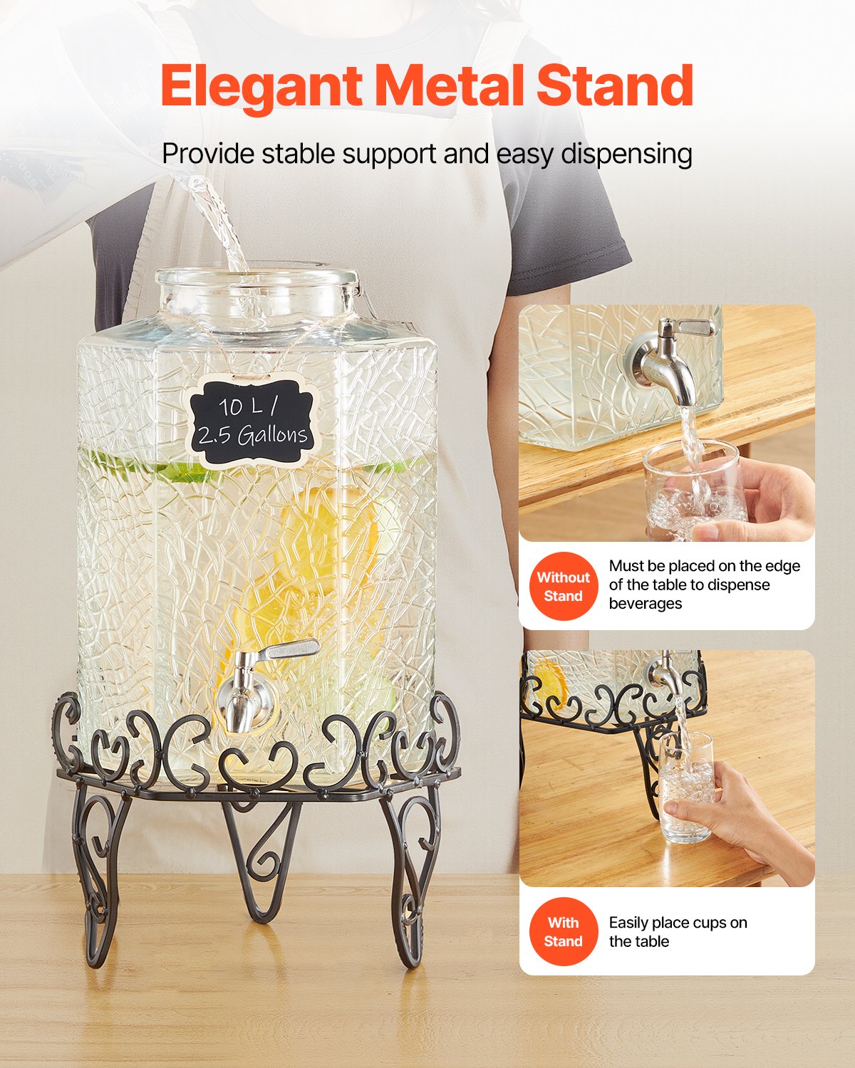 Beverage Dispenser, 10L Drink Dispensers for Parties, Glass Juice Dispenser with Metal Stand, Stainless Steel Spigot, Iced Tea Lemonade Juice Water Dispensers for Parties