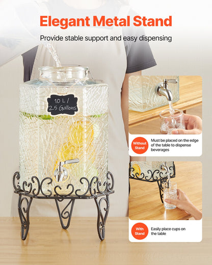 Beverage Dispenser, 10L Drink Dispensers for Parties, Glass Juice Dispenser with Metal Stand, Stainless Steel Spigot, Iced Tea Lemonade Juice Water Dispensers for Parties