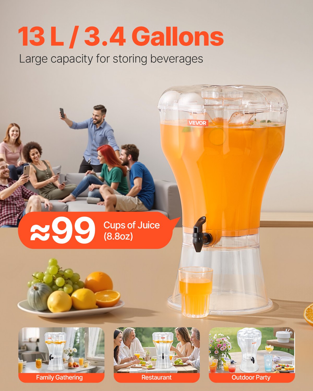 Beverage Dispenser, 13L Drink Dispenser for Parties, Plastic Juice Dispensers with No-Drip Spigot, Iced Tea Lemonade Juice Water Dispensers, for Restaurants, Hotels, Parties