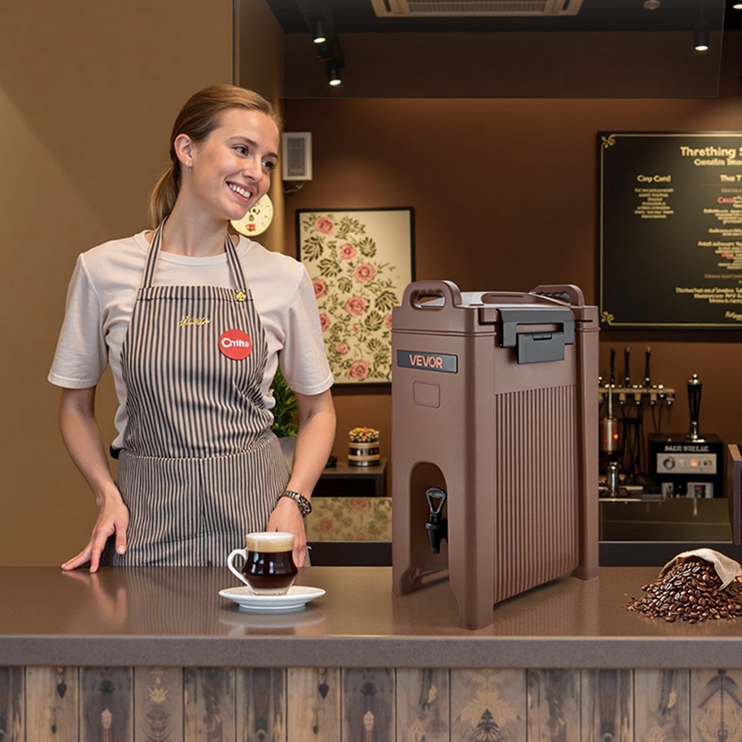 Insulated Beverage Dispenser, 5 Gal/19L Hot and Cold Beverage Server with Spigot & Handle, Food-Grade Thermal Drink Dispenser Cooler for Tea Coffee Water in Cafes & Restaurants, Brown