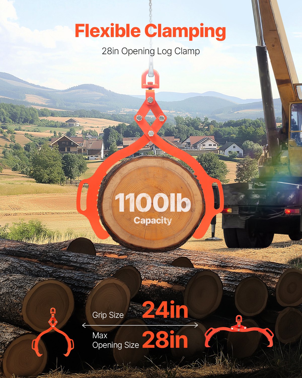 28in Log Lifting Tongs, 2-Claw Log Tongs, Heavy Duty Steel Log Grapple, 1100LBS Lifting Capacity, Swivel Log Graper Timber, Eagle Claw Design, Log Skidding Tongs for Trucks, Tractors, Forklifts