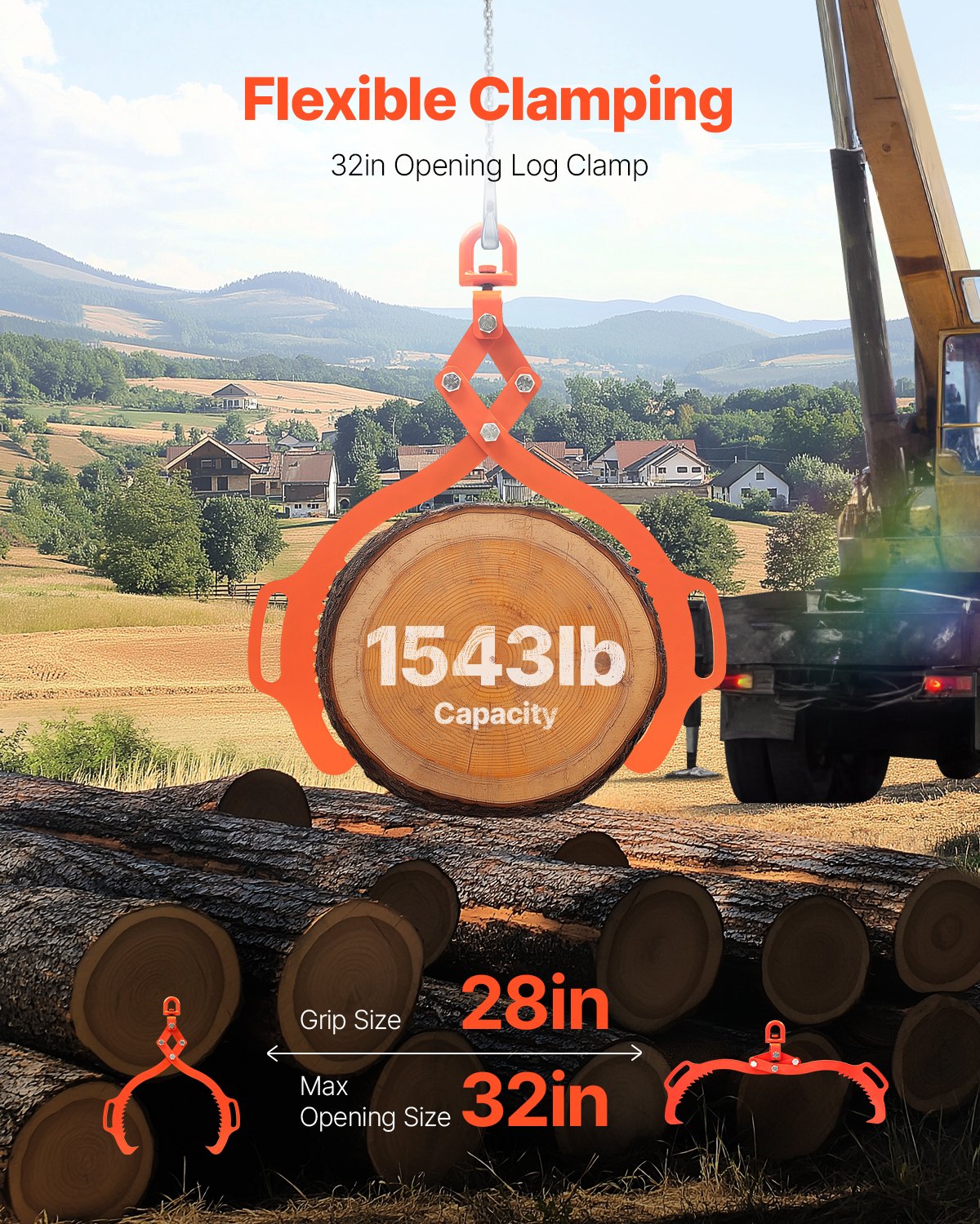 32-tums timmerlyfttång, timmertång med 2 klor, kraftig stålgrip, lyftkapacitet 1543 kg, svängbar timmergripare, Eagle Claw-design, timmersläptång för lastbilar, traktorer, gaffeltruckar