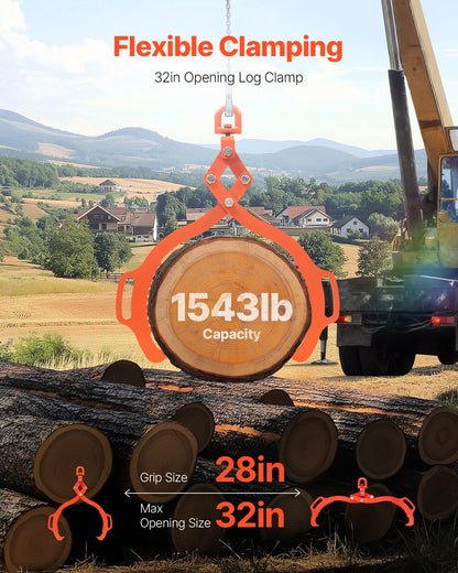 32-tums timmerlyfttång, timmertång med 2 klor, kraftig stålgrip, lyftkapacitet 1543 kg, svängbar timmergripare, Eagle Claw-design, timmersläptång för lastbilar, traktorer, gaffeltruckar