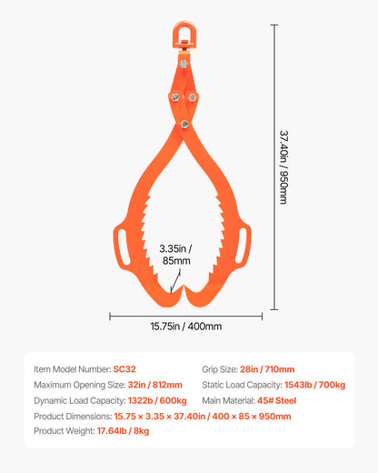 32-tums timmerlyfttång, timmertång med 2 klor, kraftig stålgrip, lyftkapacitet 1543 kg, svängbar timmergripare, Eagle Claw-design, timmersläptång för lastbilar, traktorer, gaffeltruckar