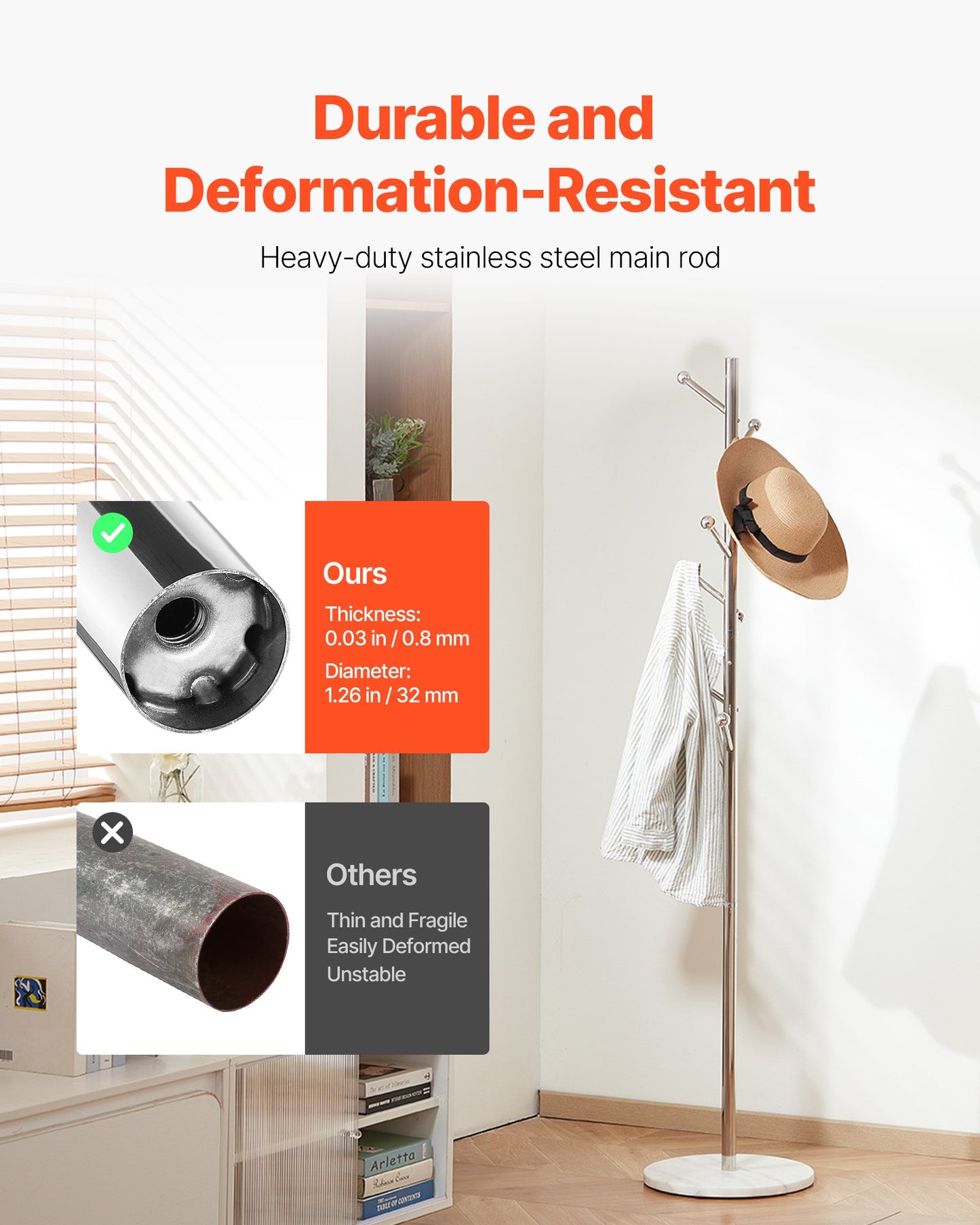 Klädhängare, fristående klädhängare med stabil marmorbas och 8 krokar, fristående hallklädhängare för entré, sovrum, kontor, vardagsrum, modern klädhängare för rockar, hattar, väskor