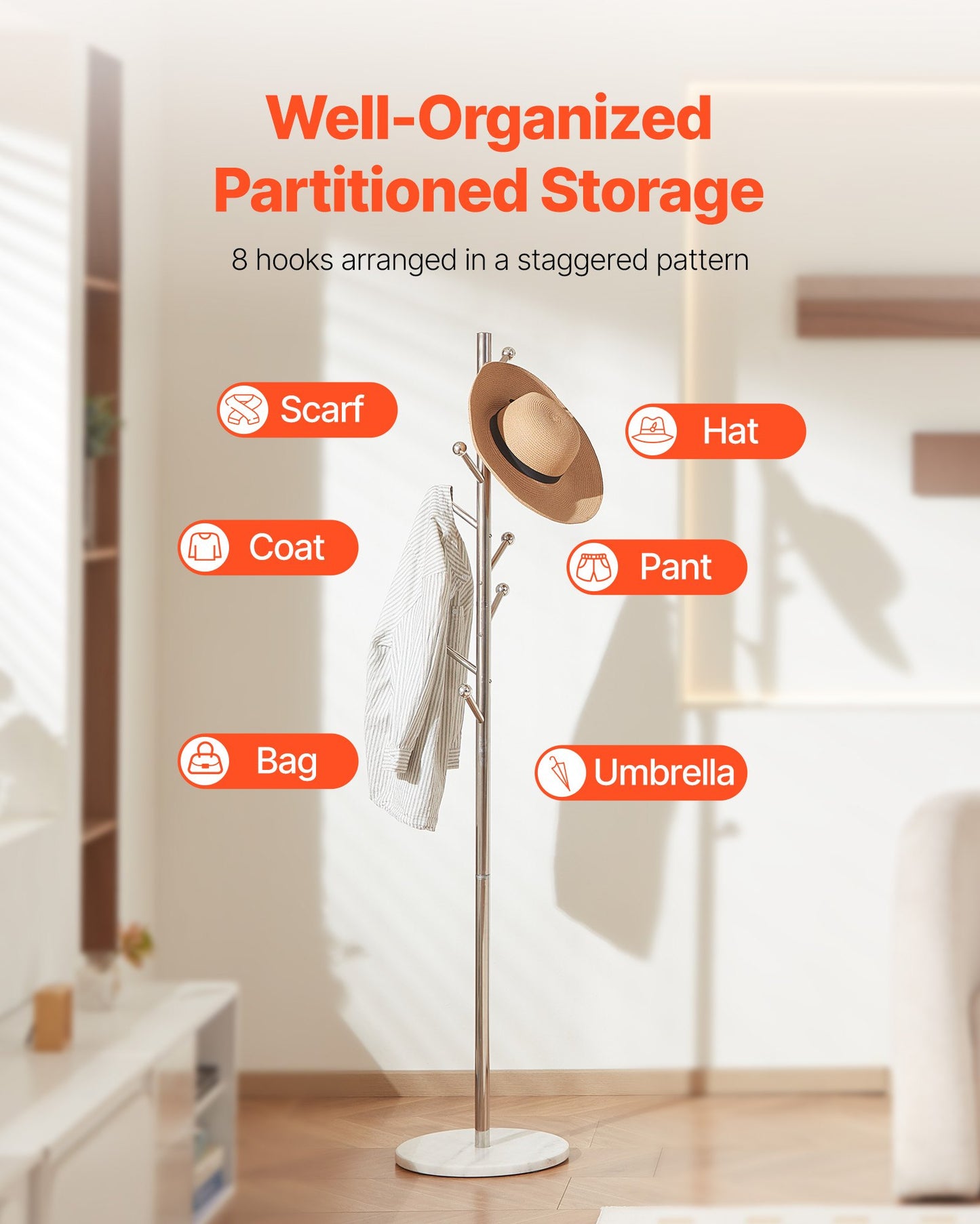 Klädhängare, fristående klädhängare med stabil marmorbas och 8 krokar, fristående hallklädhängare för entré, sovrum, kontor, vardagsrum, modern klädhängare för rockar, hattar, väskor