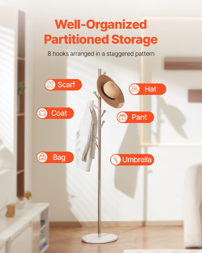 Klädhängare, fristående klädhängare med stabil marmorbas och 8 krokar, fristående hallklädhängare för entré, sovrum, kontor, vardagsrum, modern klädhängare för rockar, hattar, väskor