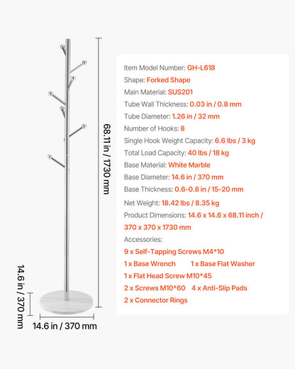 Klädhängare, fristående klädhängare med stabil marmorbas och 8 krokar, fristående hallklädhängare för entré, sovrum, kontor, vardagsrum, modern klädhängare för rockar, hattar, väskor