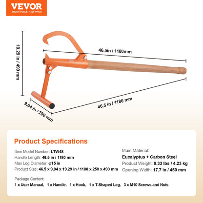 Timberjack, 46.5 in, Heavy Duty Log Lifter with Wooden Handle, Log Roller with Adjustable Cant Hook, Logging Tools Log Jack for Logs Ups to 15" Dia, Timber Jack for Rolling Cutting Lifting Logs