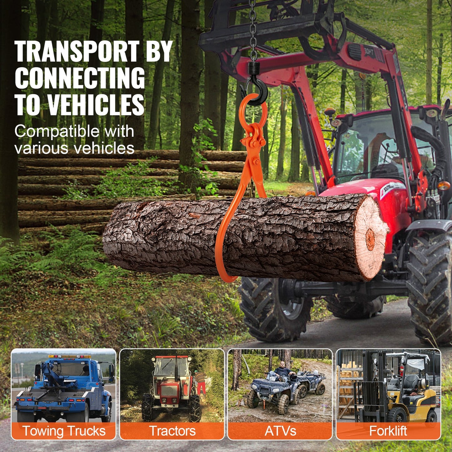 Timmerlyftång, 18 tums lyfttång med 2 klor, kraftig lifttång i stål, 350 kg lastkapacitet, verktyg för att lyfta, hantera, dra och bära stockar