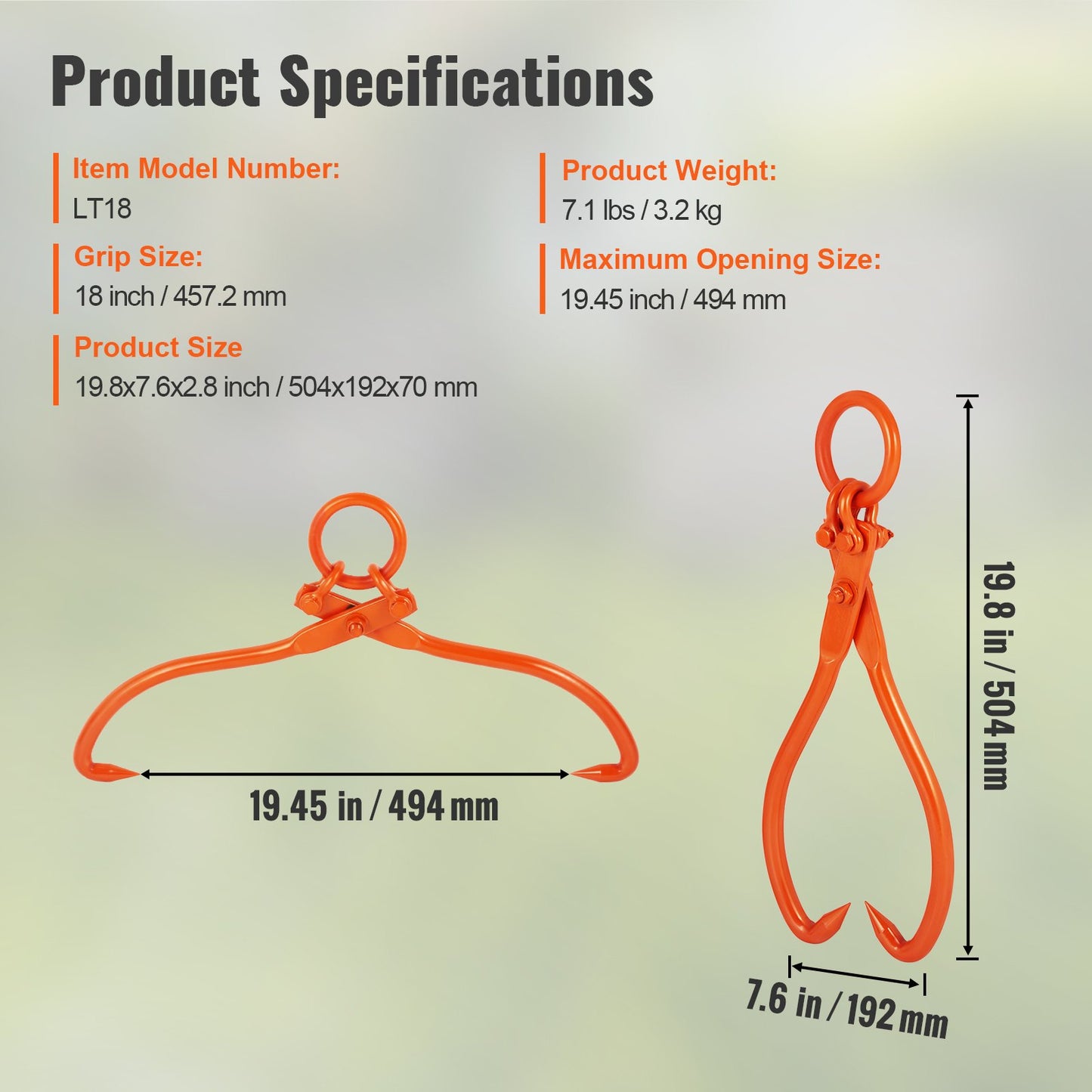 Timmerlyftång, 18 tums lyfttång med 2 klor, kraftig lifttång i stål, 350 kg lastkapacitet, verktyg för att lyfta, hantera, dra och bära stockar