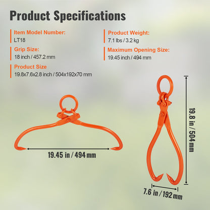 Timmerlyftång, 18 tums lyfttång med 2 klor, kraftig lifttång i stål, 350 kg lastkapacitet, verktyg för att lyfta, hantera, dra och bära stockar