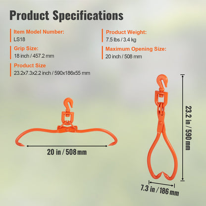 Lättviktstång, 18 tums lyfttång med 2 klor, kraftig roterande läktång i stål, 350 kg lastkapacitet, verktyg för att lyfta, hantera, dra och bära stockar