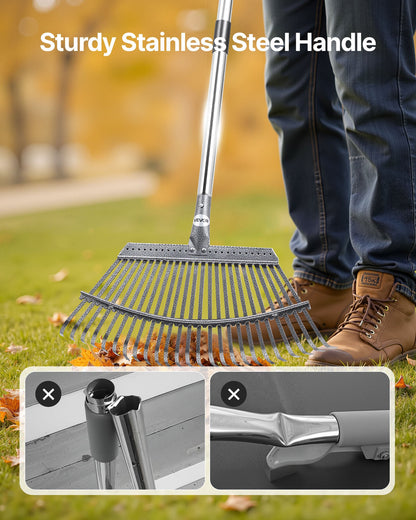 Lövkratta, 25 metallpinnar, justerbar trädgårdskratta för gräsmattor med 46,5 cm brett huvud och 92,5-185 cm långt handtag, kraftigt rostfritt stålverktyg för små löv för trädgårdsskötsel, camping, gårdsplan, gräs