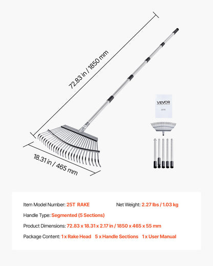 Lövkratta, 25 metallpinnar, justerbar trädgårdskratta för gräsmattor med 46,5 cm brett huvud och 92,5-185 cm långt handtag, kraftigt rostfritt stålverktyg för små löv för trädgårdsskötsel, camping, gårdsplan, gräs