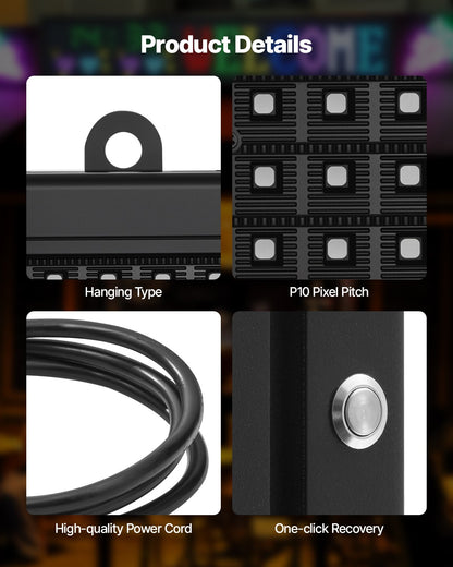 Programmable LED Sign, P10 Full Color Flexible Digital Scrolling Panel, DIY Custom Text Pattern GIF Display Board, Bluetooth APP Control Message Shop Sign for Store Business Advertising, 52x8 in