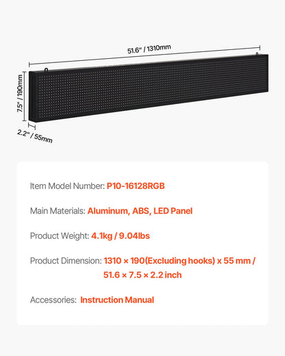 Programmable LED Sign, P10 Full Color Flexible Digital Scrolling Panel, DIY Custom Text Pattern GIF Display Board, Bluetooth APP Control Message Shop Sign for Store Business Advertising, 52x8 in