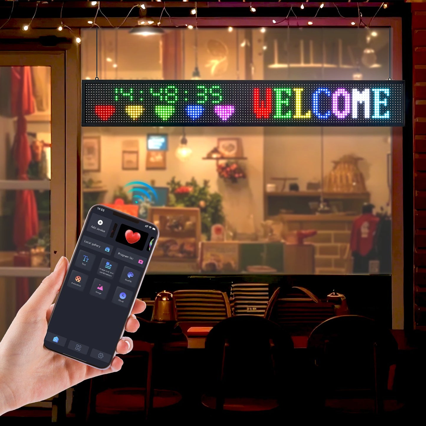 Programmable LED Sign, P10 Full Color Flexible Digital Scrolling Panel, DIY Custom Text Pattern GIF Display Board, Bluetooth APP Control Message Shop Sign for Store Business Advertising, 52x8 in