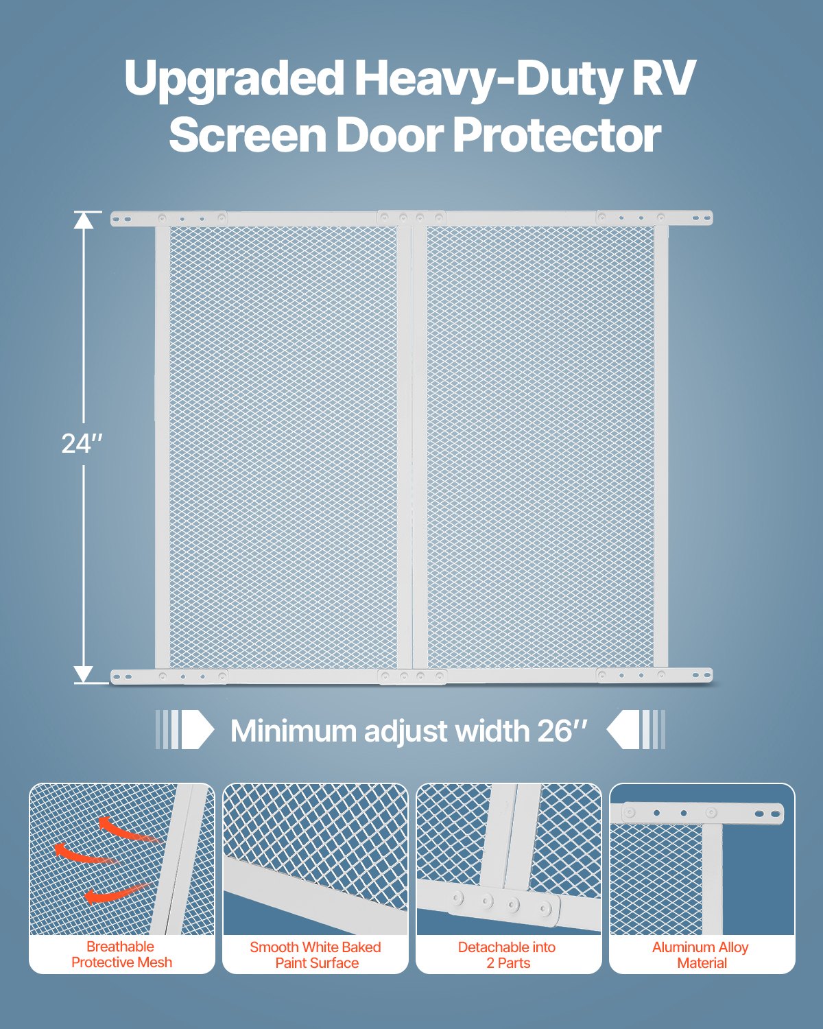 RV Screen Door Protector, 660.4 x 609.6 mm Door Grille, Easy to Install and Disassemble, Reinforced Breathable Protective Mesh, Aluminum Alloy Camper RV Entry Protector for Pet Protection, White