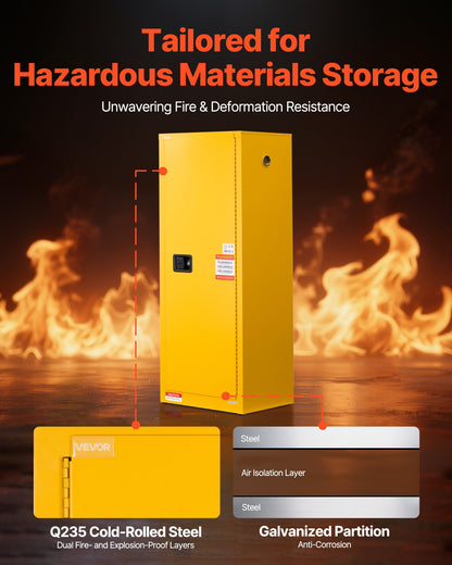 Flammable Cabinet, 59 x 46 x 165.1 cm, 23 Gallon Flammable Storage Cabinet with Adjustable Shelf, Cold-Rolled and Galvanized Steel Fire Cabinets, for Commercial Industrial and Home Use, Yellow