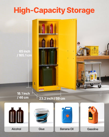 Flammable Cabinet, 59 x 46 x 165.1 cm, 23 Gallon Flammable Storage Cabinet with Adjustable Shelf, Cold-Rolled and Galvanized Steel Fire Cabinets, for Commercial Industrial and Home Use, Yellow