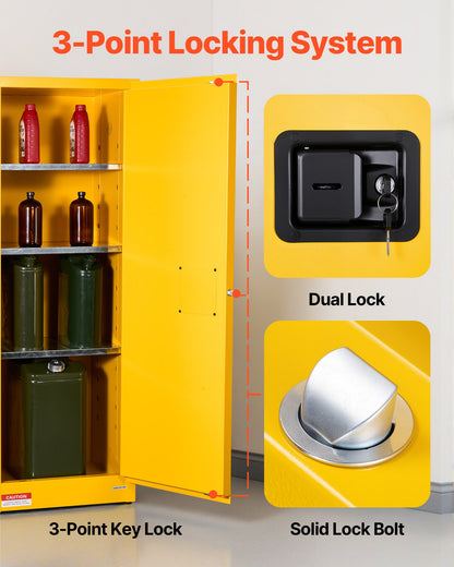 Flammable Cabinet, 59 x 46 x 165.1 cm, 23 Gallon Flammable Storage Cabinet with Adjustable Shelf, Cold-Rolled and Galvanized Steel Fire Cabinets, for Commercial Industrial and Home Use, Yellow