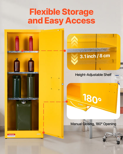 Flammable Cabinet, 59 x 46 x 165.1 cm, 23 Gallon Flammable Storage Cabinet with Adjustable Shelf, Cold-Rolled and Galvanized Steel Fire Cabinets, for Commercial Industrial and Home Use, Yellow