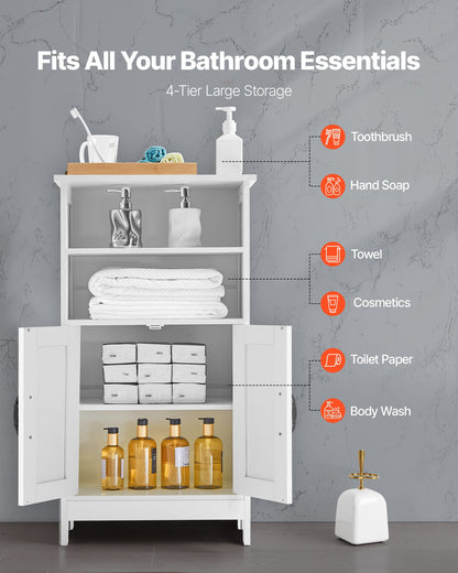 Badrumsskåp i trä, 4 våningar, förvaringsorganisatör i trä med 2 dörrar och justerbar hylla, moderna badrumsmöbler, heminredning, fristående skåp för kök/vardagsrum/entré, vit