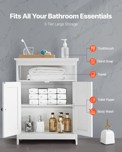 Bathroom Floor Cabinet, 3-Tier, Wooden Storage Organizer with 2 Doors and Adjustable Shelf, Modern Bathroom Furniture Home Decor Freestanding Cupboard for Kitchen/Living Room/Entryway Use, White