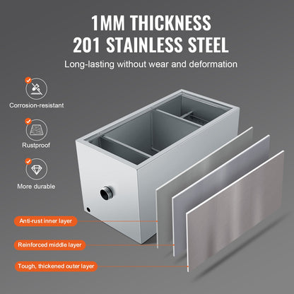 Commercial Grease Trap, 11.3 kg Grease Interceptor, Top Inlet Interceptor, Under Sink Stainless Steel Grease Trap, 6.4 GPM Waste Water Oil-water Separator, for Restaurant Canteen Home Kitchen