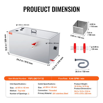 Commercial Grease Trap, 11.3 kg Grease Interceptor, Top Inlet Interceptor, Under Sink Stainless Steel Grease Trap, 6.4 GPM Waste Water Oil-water Separator, for Restaurant Canteen Home Kitchen