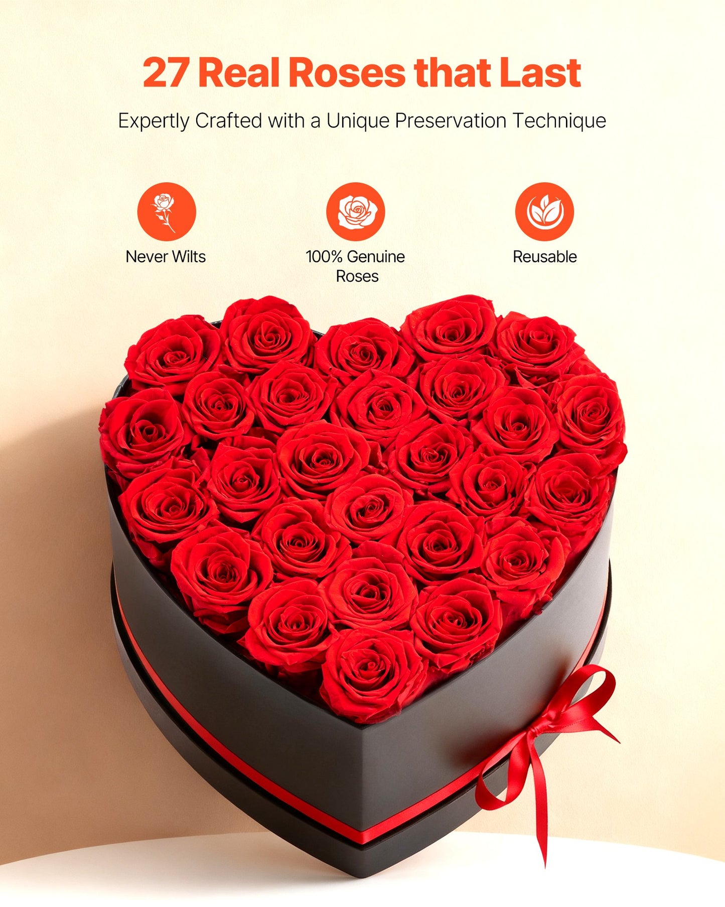 Forever Flowers, 27 Preserved Roses in a Heart Shape Box, Eternal Flowers Immortal Bouquet Birthday Present for Delivery Prime Women Her Wife Mothers, Anniversary, Valentine's Day,Christmas, Red